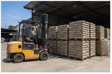 Empilhadeira movimentando paletes de cimento dentro do depósito de uma loja de material de construção.
