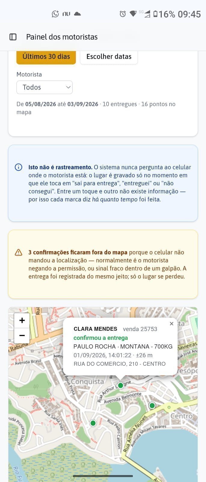 O mapa das entregas do ObraClique no celular, com a última posição de cada motorista.