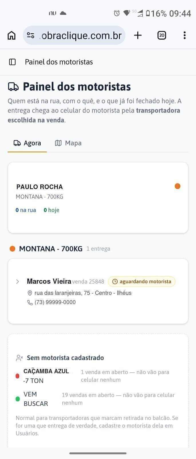 A tela do motorista no celular, com as entregas do dia dele.