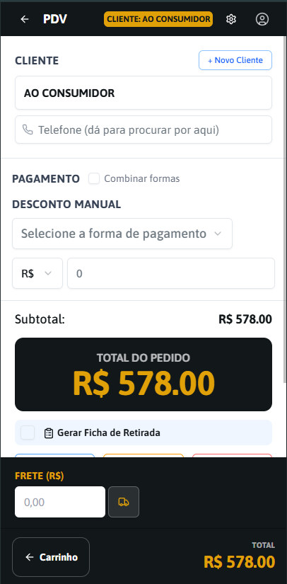 O PDV do ObraClique no celular: cliente, forma de pagamento, desconto e total do pedido em destaque.