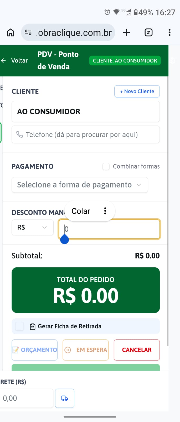 O mesmo PDV no celular, com cliente, forma de pagamento e o total do pedido.